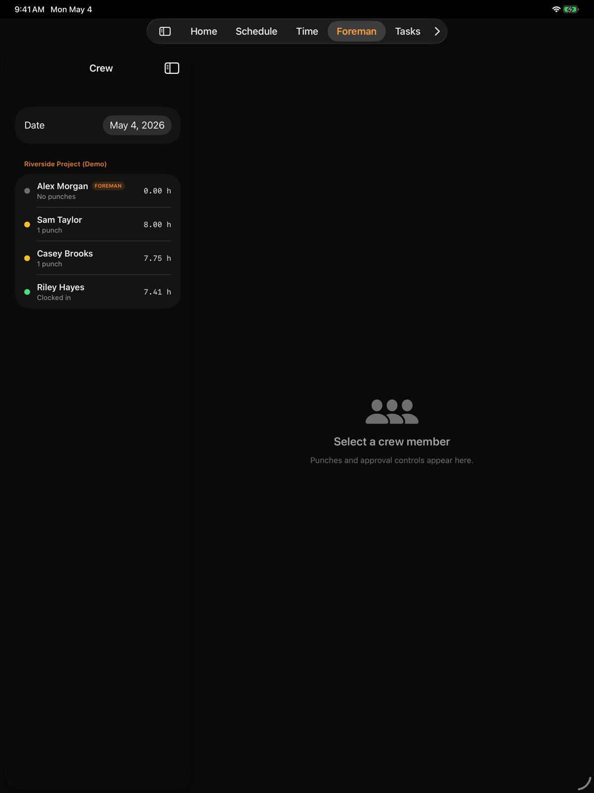 siteOS Foreman view on iPad showing live crew roster