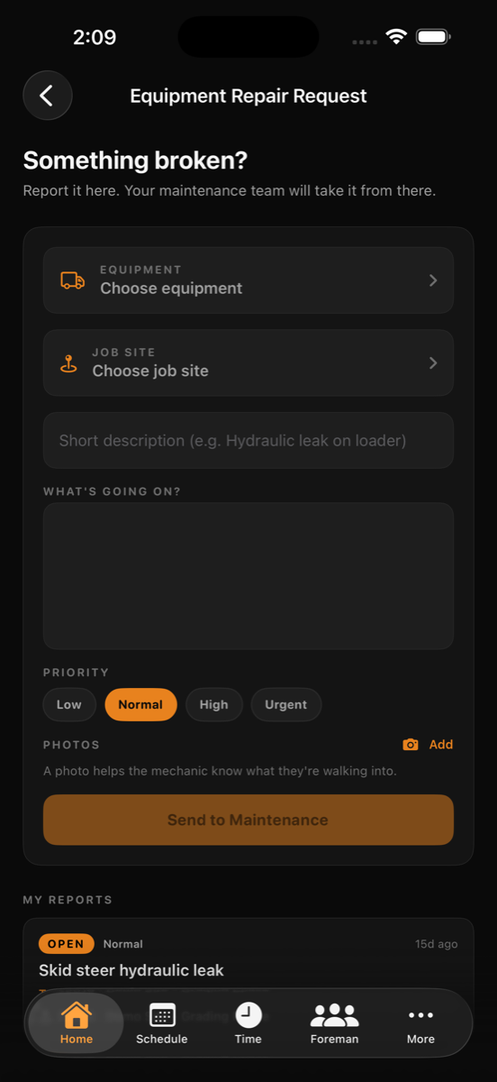 siteOS Equipment Repair Request screen