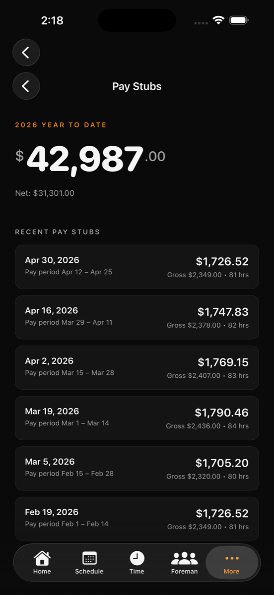 siteOS Pay Stubs view showing year-to-date earnings